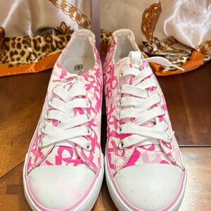 Avon Pink Ribbon Sneakers - callout on tip of sneaker some fading.